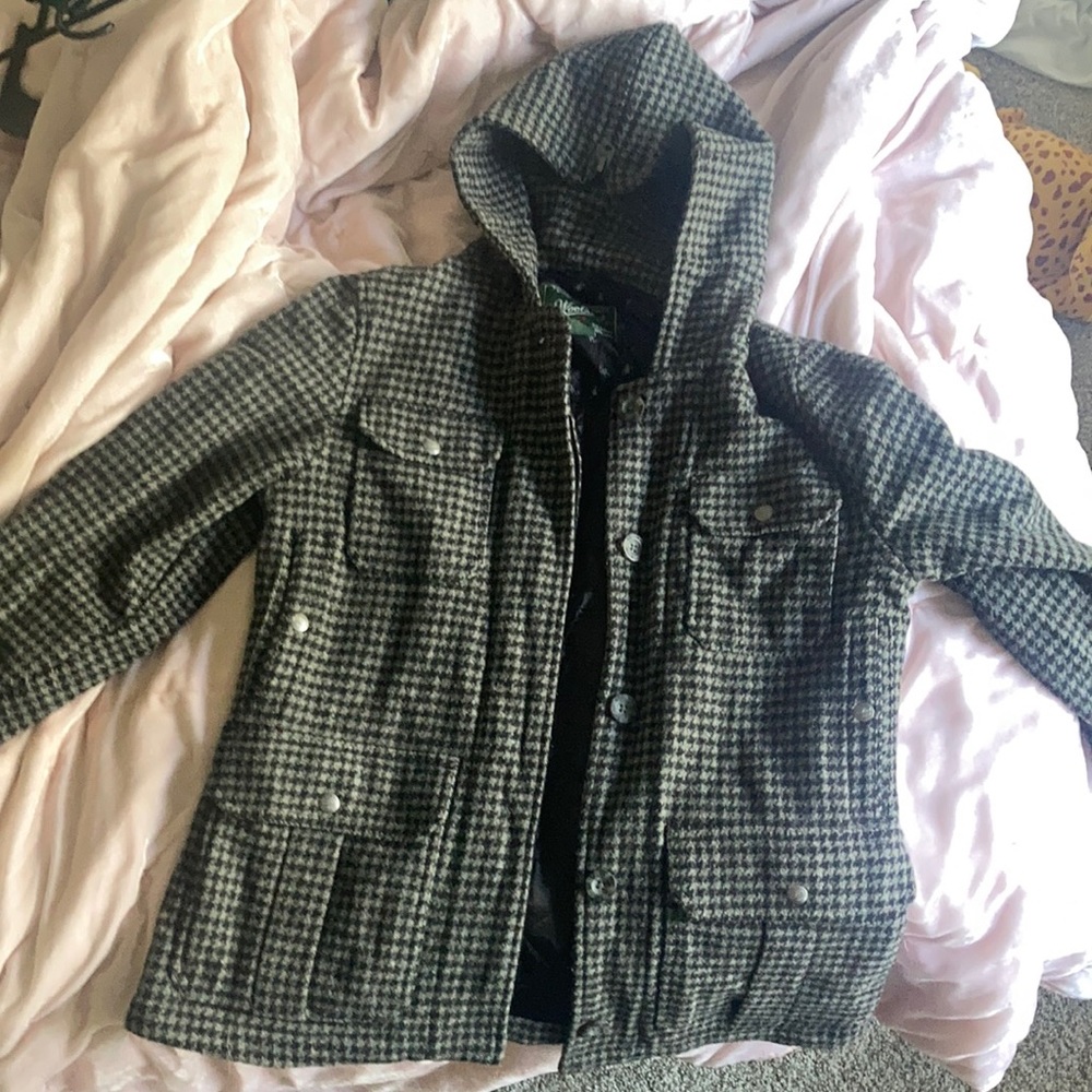 Woolrick jacket gray and black plaid very warm